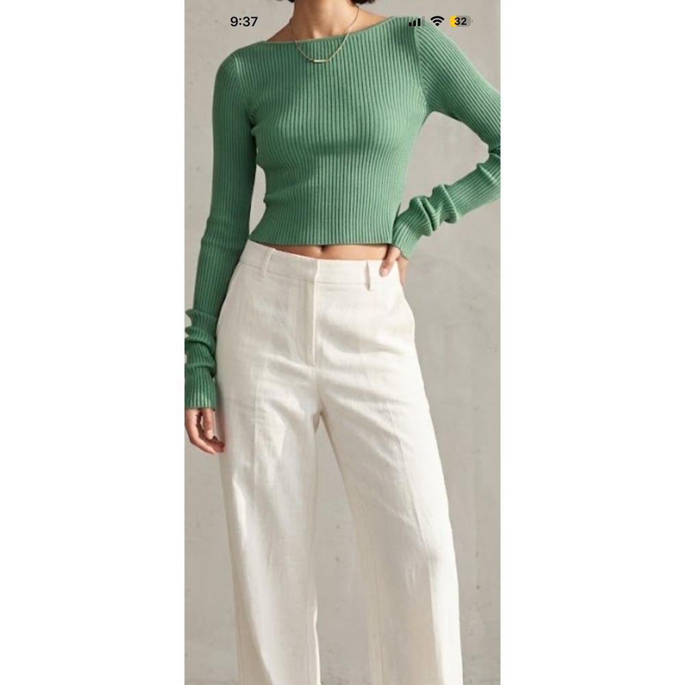 HM Green Ribbed Knit Off the Shoulder Top Long Sleeve XS